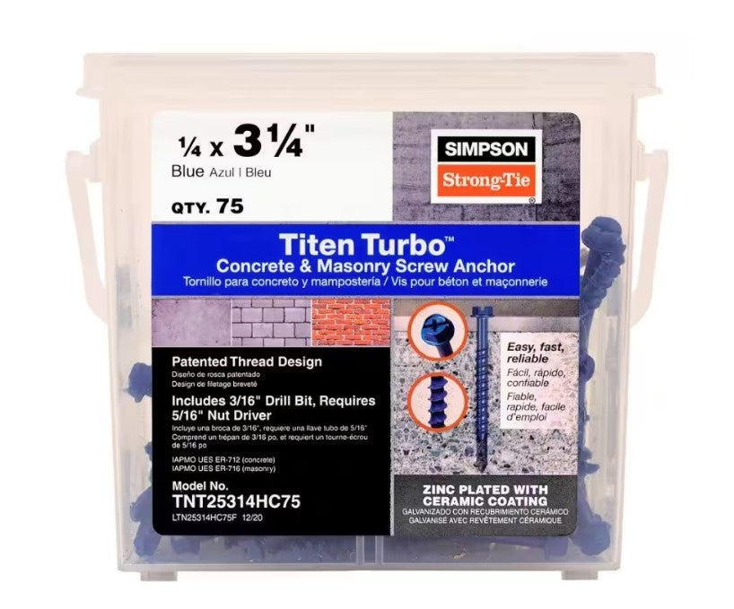 Close-up of a Simpson Strong-Tie Titen Turbo 75-Pack container of blue 1/4 in. x 3-1/4 in. hex head concrete screws. The label highlights the patented reverse thread, zinc plating with ceramic coating, and required tools for enhanced efficiency.