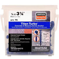 Close-up of a Simpson Strong-Tie Titen Turbo 75-Pack container of blue 1/4 in. x 3-1/4 in. hex head concrete screws. The label highlights the patented reverse thread, zinc plating with ceramic coating, and required tools for enhanced efficiency.