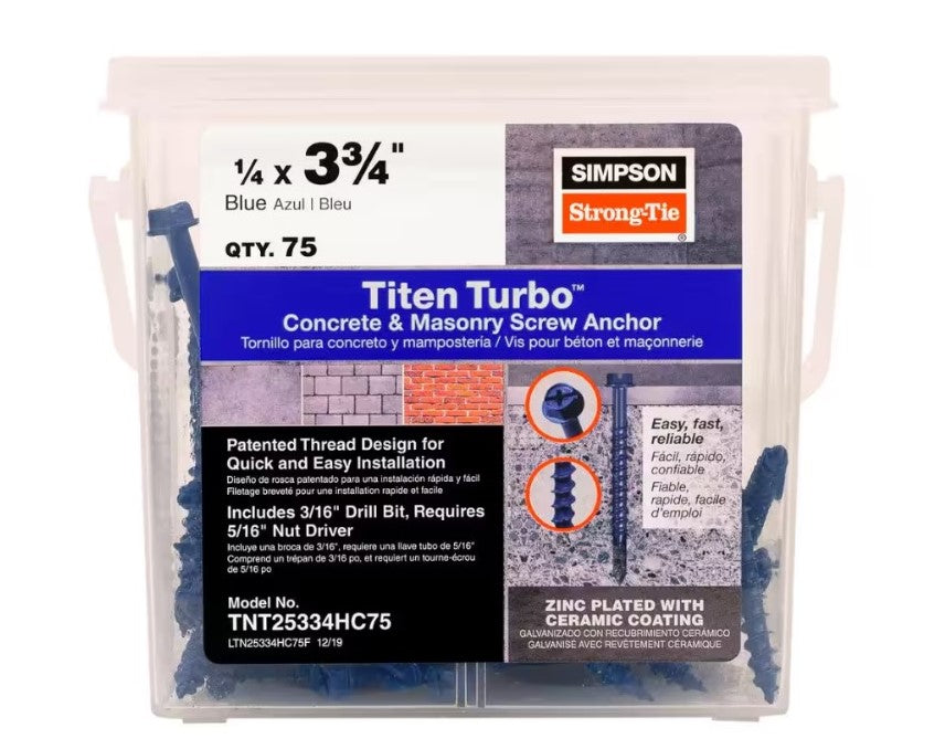 Image of a clear container labeled Simpson Strong-Tie holding 75 blue Titen Turbo 1/4 x 3-3/4 hex head concrete screws. Label features patented reverse thread, zinc plating, ceramic coating, and Torque Reduction Channel.