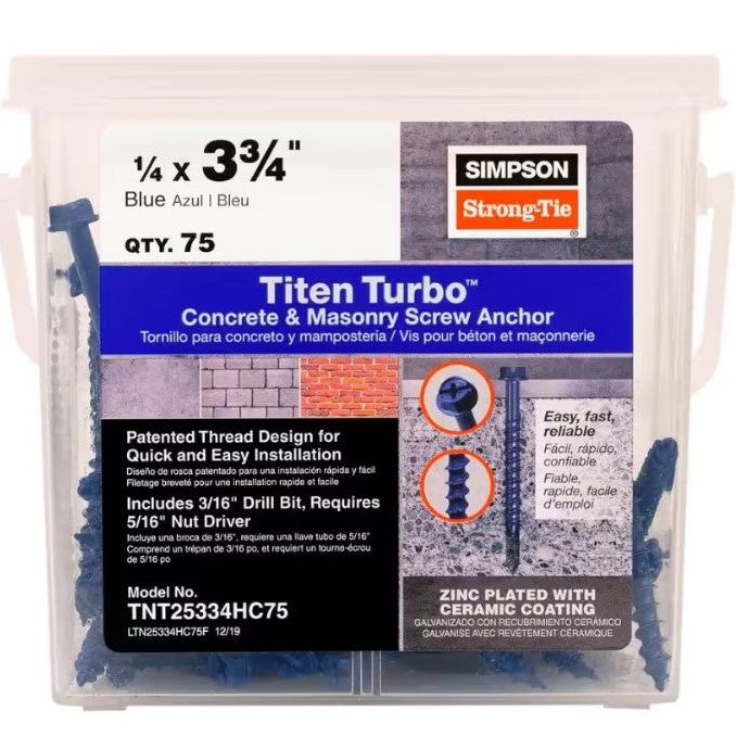 Image of a clear container labeled Simpson Strong-Tie holding 75 blue Titen Turbo 1/4 x 3-3/4 hex head concrete screws. Label features patented reverse thread, zinc plating, ceramic coating, and Torque Reduction Channel.