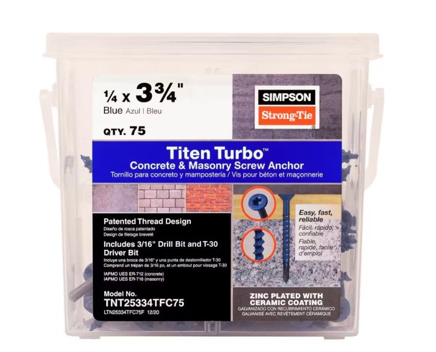 A clear container of Simpson Strong-Tie Titen Turbo 1/4 in. x 3-3/4 in. concrete screws includes Torque Reduction Channel for easier installation, holding 75 reverse thread screws, zinc plated with ceramic coating. Model: TNT25334TFC75.