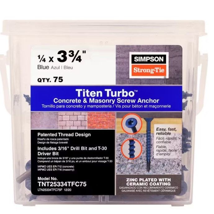 A clear container of Simpson Strong-Tie Titen Turbo 1/4 in. x 3-3/4 in. concrete screws includes Torque Reduction Channel for easier installation, holding 75 reverse thread screws, zinc plated with ceramic coating. Model: TNT25334TFC75.