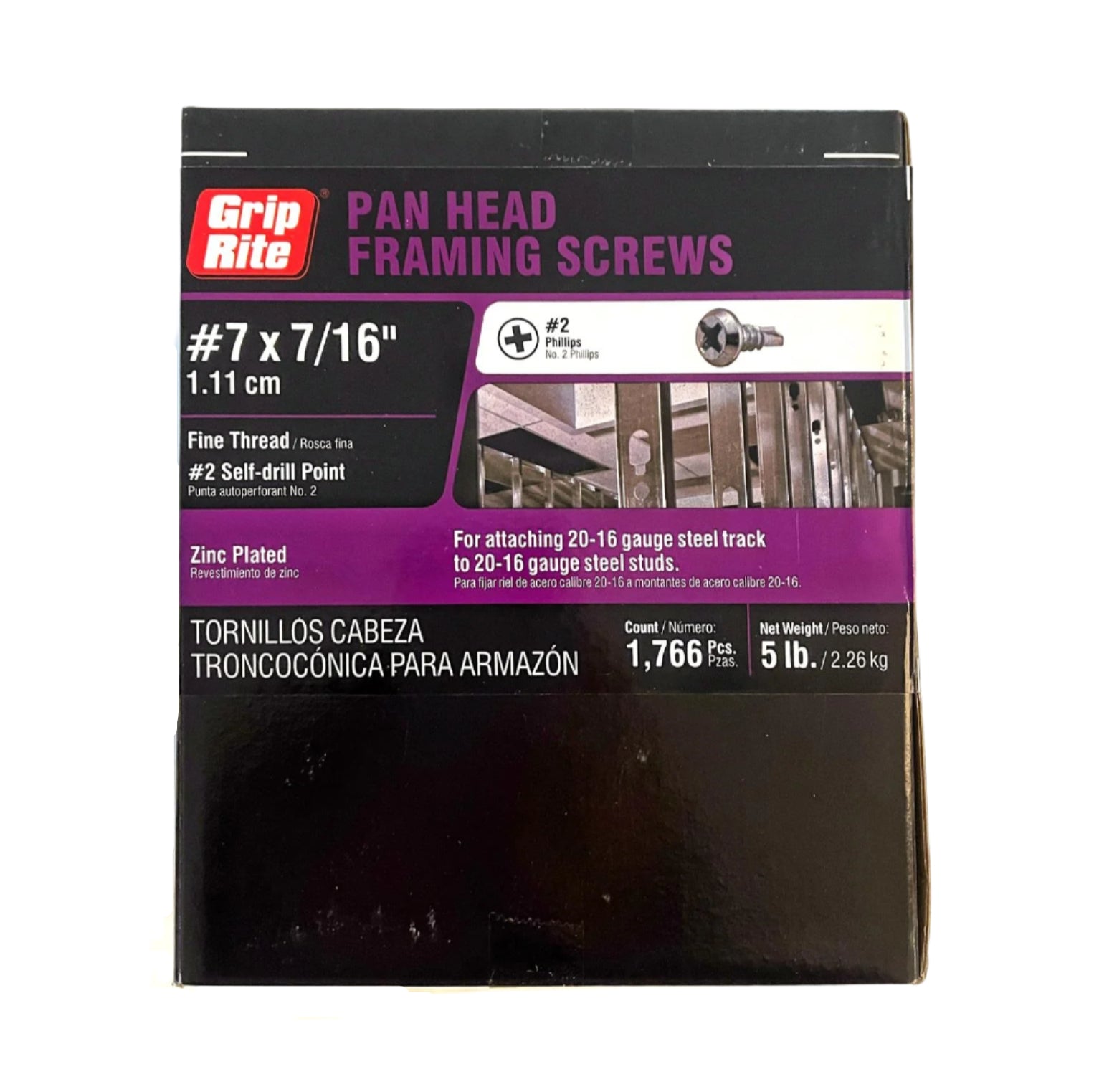 The GRIP-RITE 716ZSDPH5 screws, size #7 x 7/16 inches, come in a black and red box with 1,766 zinc-plated self-drilling screws per 5 lb. pack, designed for attaching light gauge metal framing such as 20-16 gauge steel track to studs.