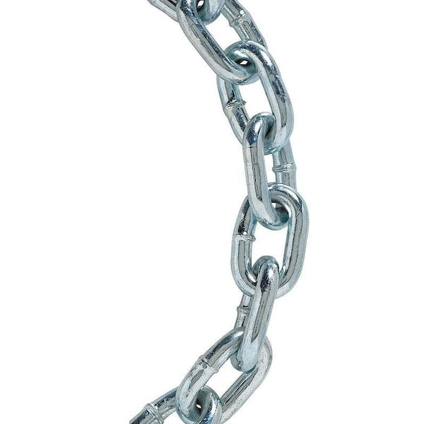 Close-up of a BARON Proof Coil Chain, 3/16 inch, Grade 30, constructed from hot-dipped galvanized carbon steel. The image showcases its interlocking oval links set against a white background. Slightly curved, the chain presents a robust and metallic appearance, making it suitable for heavy-duty applications.