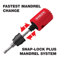 Illustration of a red DIABLO DHS4500 hole saw with a black Snap-Lock Plus mandrel system. Red arrows highlight the change mechanism. Text reads FASTEST MANDREL CHANGE, emphasizing its faster cutting performance with a Variable Tooth Design for Bi-Metal Hole Saws. Brand: Diablo. Size: 4-1/2 in x 2-3/8 in.