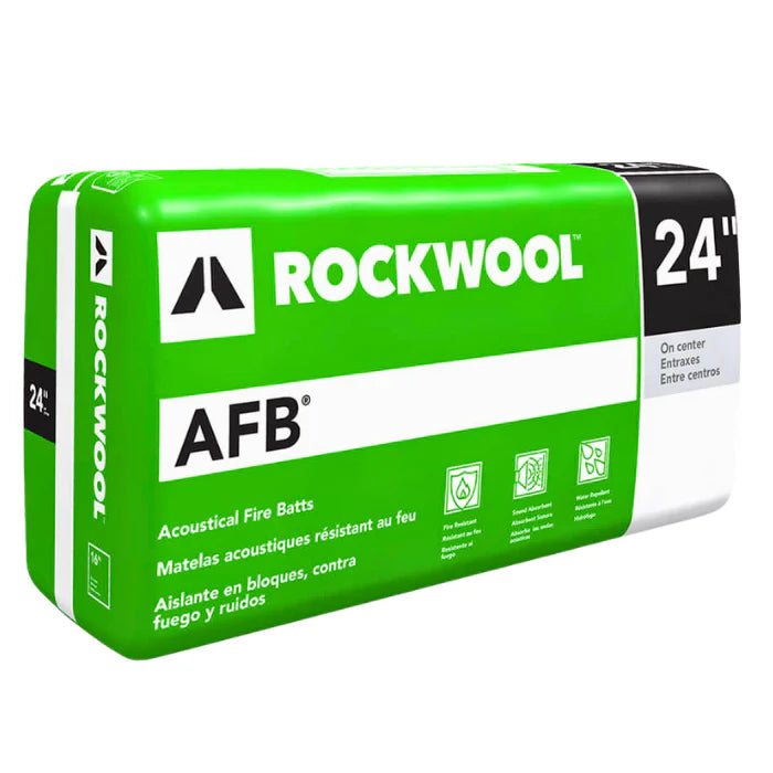 The Rockwool RW2SAFB24 2 in. x 24 in. x 48 in. Insulation AFB 96 SF comes in green and white wrap, showcasing its fire-resistant and sound absorption traits, alongside icons for energy efficiency features.