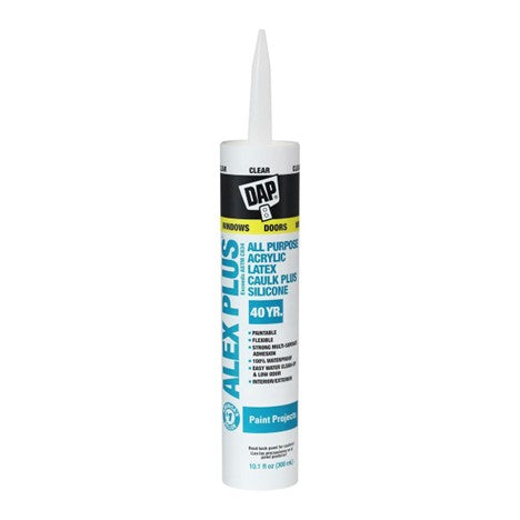 The DAP 18156 Alex Plus 10.1 oz. Acrylic Latex Caulk - Clear features a nozzle for easy application, offering a durable sealant perfect for windows, doors, and paint projects. The white tube with blue, black, and white labeling guarantees a 40-year watertight seal.