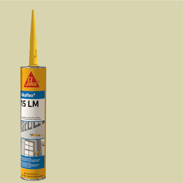 The SIKA Sikaflex 15LM Elastomeric Sealant 10.1 oz by Sika features a yellow nozzle on a beige background, with blue text and images. The packaging provides detailed instructions and illustrations for effective application across various construction surfaces.