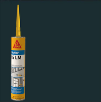 The SIKA Sikaflex 15LM Elastomeric Sealant tube (10.1 oz) from Sika, in yellow and blue with a pointed nozzle, highlights its applications on the label, set against a dark background.