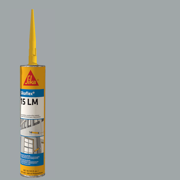 A yellow and gray tube of SIKA Sikaflex 15LM Elastomeric Sealant by Sika sits on a gray background, equipped with a pointed nozzle. Its label features illustrations of windows and building joints, emphasizing its suitability for construction applications.