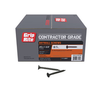 Box of Grip-Rite #6 x 1-5/8 in. drywall screws, product code 158CGCDWS5M, with black phosphate coating. Suitable for gypsum board to wood applications with a coarse thread for better grip. Includes #2 Phillips Bugle Head and comes in a 25 lb. pack with 5,000 screws.