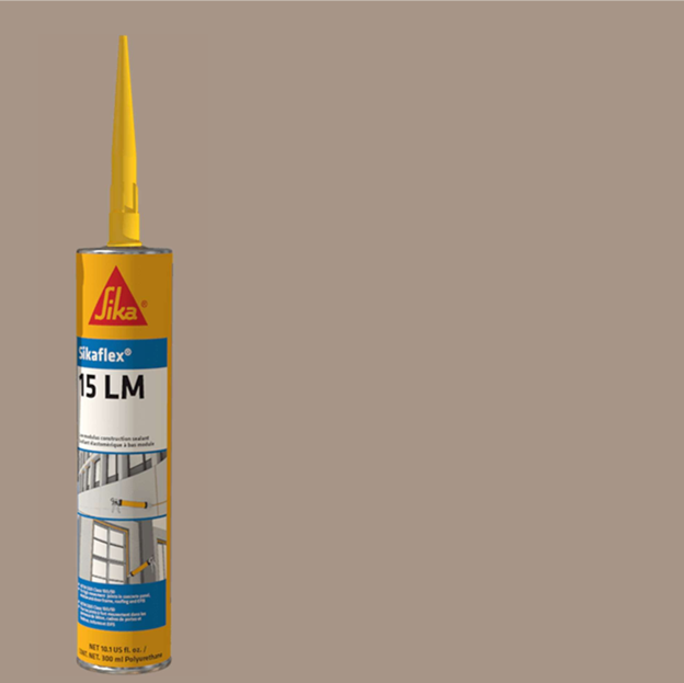 A yellow tube of SIKA Sikaflex 15LM Elastomeric Sealant (10.1 oz) by Sika, designed for construction, with an applicator nozzle on a plain brown background. The packaging displays product details and application images.