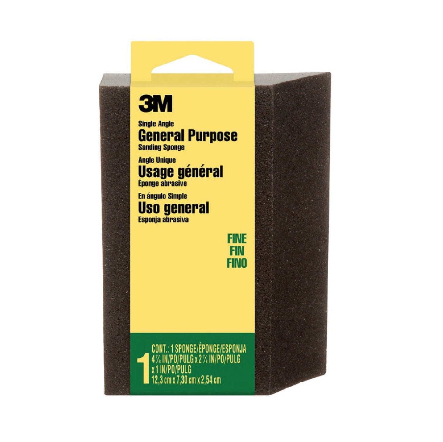 A 3M CP-040 Angled Fine Drywall Sanding Sponge is displayed against a white background. The black sponge, featuring a yellow and green label, is designed for fine sanding on surfaces with its 120 grit.