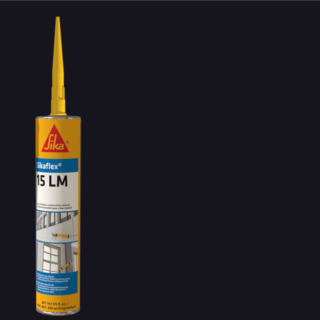 A yellow tube of SIKA Sikaflex 15LM Elastomeric Sealant (10.1 oz) features a pointed nozzle against a dark backdrop, with the label showing product details and construction application images, especially for windows and doors.