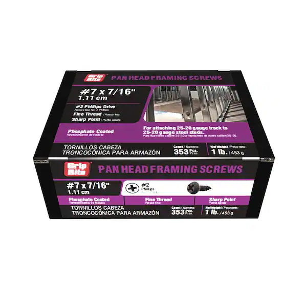 The GRIP-RITE 716FPHS1 screws are #7 x 7/16 in. #2 Phillips pan head drywall screws with fine threads and sharp points, weighing 1 lb (353 per pack). This Grip-Rite product meets ASTMC1002 standards and features bilingual packaging in English and Spanish.