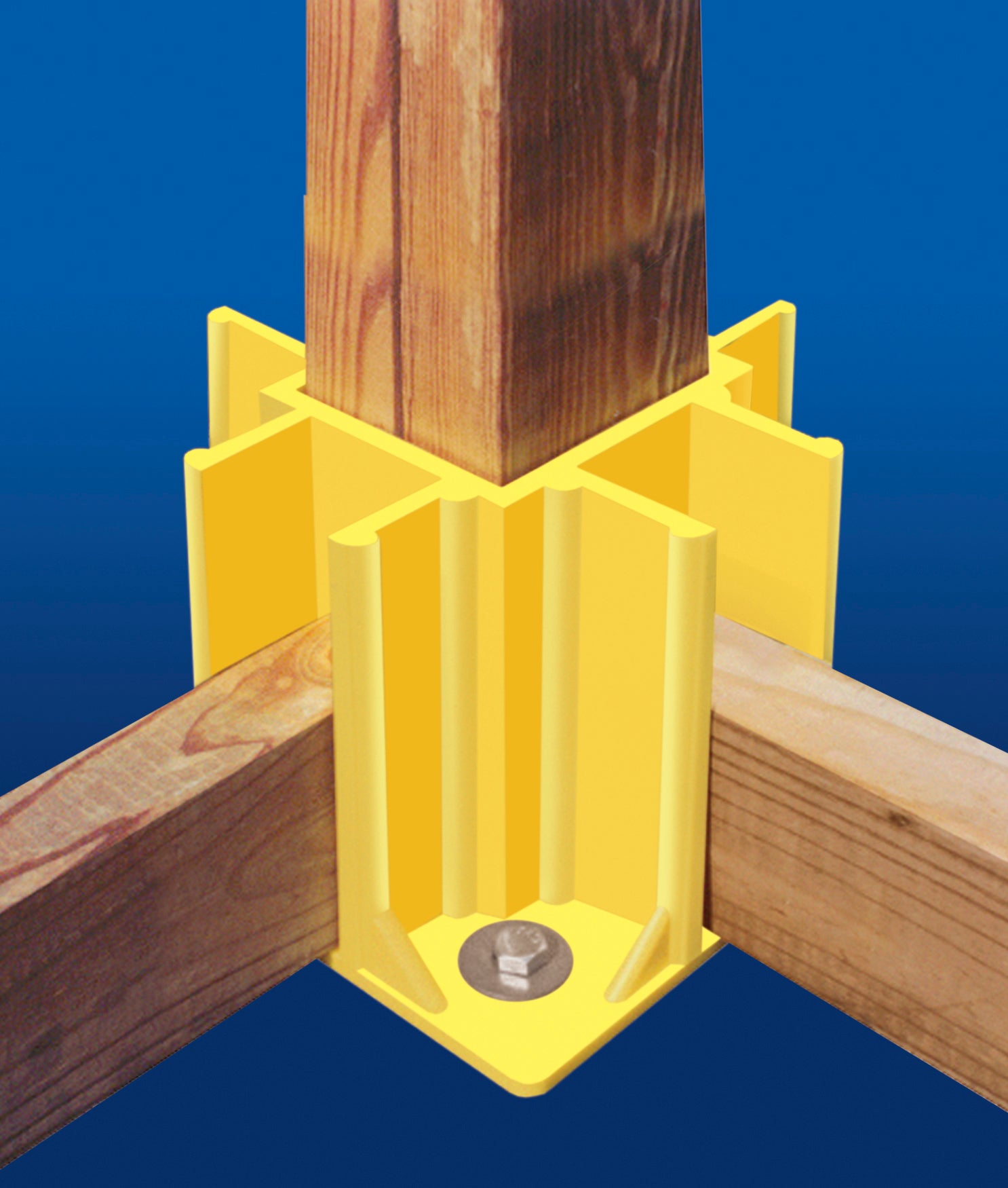 The Go Build Yellow Safety Maker Safety Boot Guardrail, crafted from sturdy yellow plastic, secures wood in construction projects with a central square slot for an upright post, additional slots for horizontal beams, and a base bolt for stability.