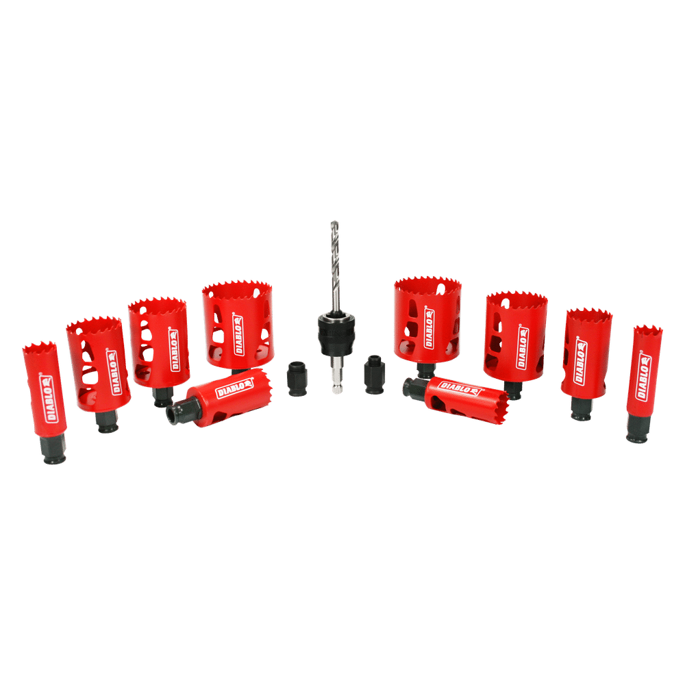 The DIABLO DHS14SGP 14-Piece General Purpose Bi-Metal Hole Saw Set features red hole saw drill bits, bi-metal hole saws in a semicircle with a central drill bit, and Snap-Lock Plus mandrel adapter. Each tool is branded by Diablo and designed for cutting precise holes in various materials.