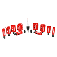 The DIABLO DHS14SGP 14-Piece General Purpose Bi-Metal Hole Saw Set features red hole saw drill bits, bi-metal hole saws in a semicircle with a central drill bit, and Snap-Lock Plus mandrel adapter. Each tool is branded by Diablo and designed for cutting precise holes in various materials.