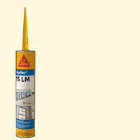 A 10.1 oz tube of SIKA Sikaflex 15LM elastomeric sealant by Sika, with a yellow applicator nozzle, sits on a beige background. Its label displays images of a window and garage door, highlighting its construction uses.