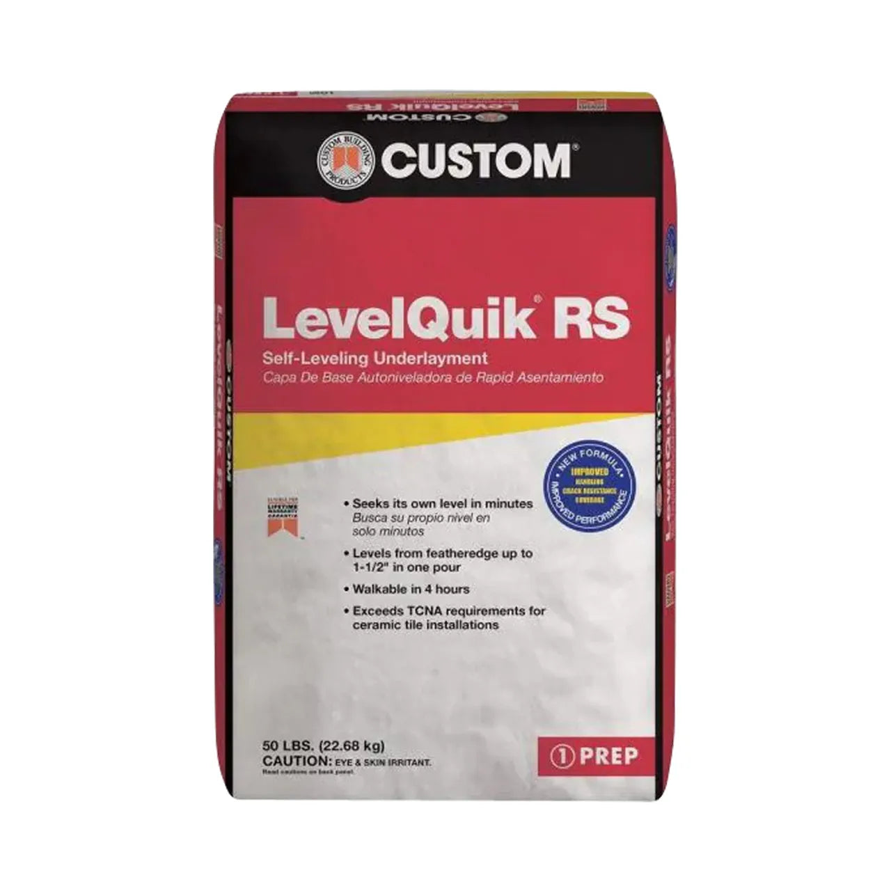 The 50 lb. LevelQuik RS Self-Leveling Underlayment by Go Build, in red and black packaging, ensures quick leveling within 4 hours. Ideal for tile installations and extra heavy use applications with control cure technology.