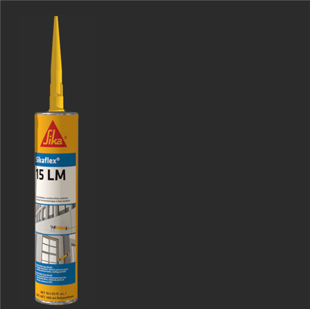 A SIKA Sikaflex 15LM Elastomeric Sealant tube with a yellow cap and nozzle rests against a dark background, showcasing its red, blue, and white labeling that emphasizes construction sealing applications.