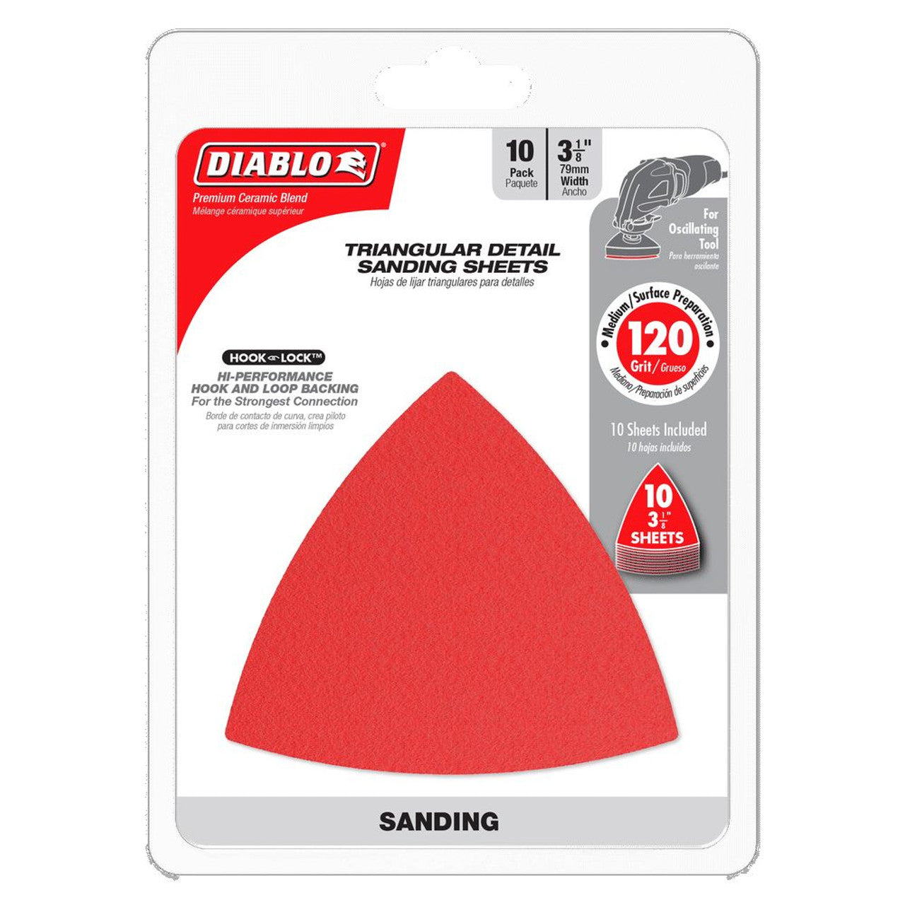 Diablo DIABLO DCT318120H10G 3-1/8 in. 120-Grit Hook & Lock™ Triangle Detail Sanding Sheets (10-Pack) features Clog-SHIELD™ for use on bare wood, metal, or painted surfaces. The packaging showcases red sheets visible through a clear panel.