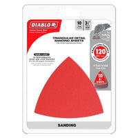 Diablo DIABLO DCT318120H10G 3-1/8 in. 120-Grit Hook & Lock™ Triangle Detail Sanding Sheets (10-Pack) features Clog-SHIELD™ for use on bare wood, metal, or painted surfaces. The packaging showcases red sheets visible through a clear panel.