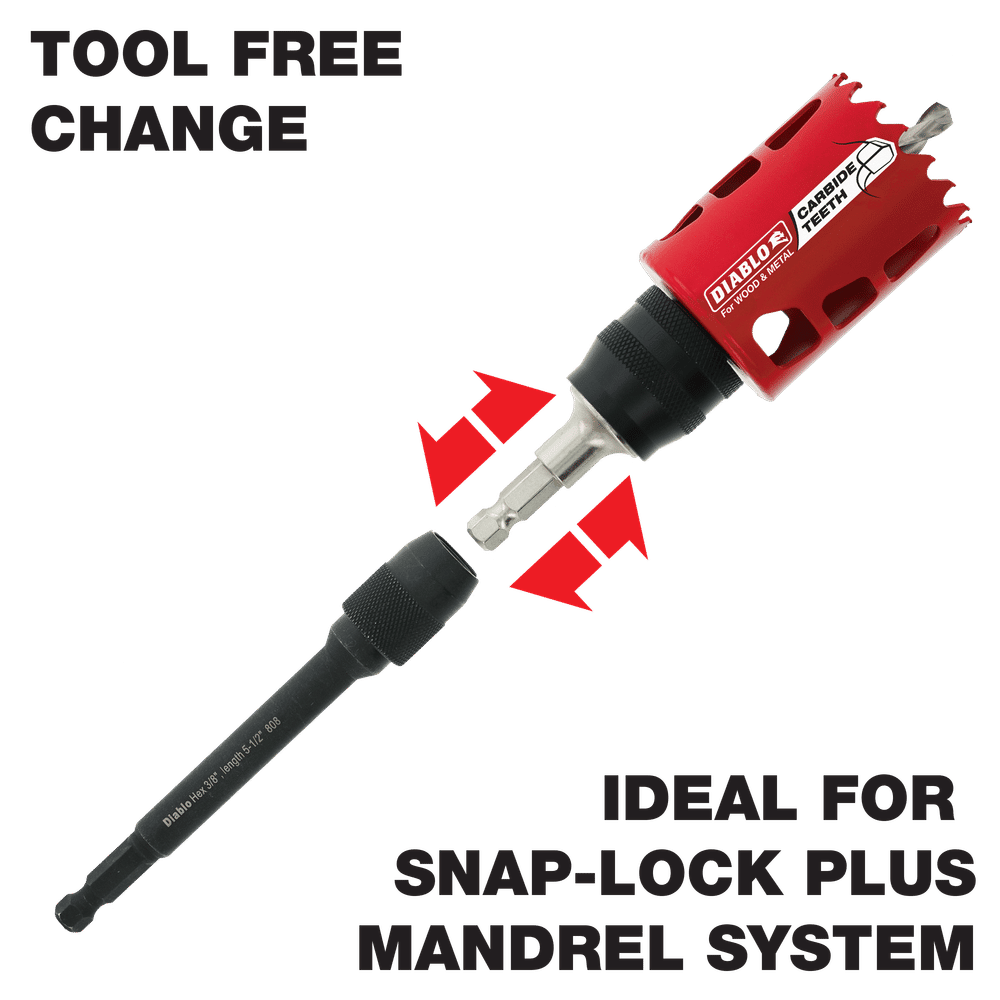 Close-up of a red hole saw with a snap-lock system, featuring arrows indicating easy connection to the Snap-Lock Plus Hole Saw Mandrel. Text reads Tool Free Change, highlighting quick-change features, ideal for DIABLO DHS500XT12 12 in. x 7/16 in. Universal Extension for Drills by Diablo.