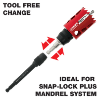 Close-up of a red hole saw with a snap-lock system, featuring arrows indicating easy connection to the Snap-Lock Plus Hole Saw Mandrel. Text reads Tool Free Change, highlighting quick-change features, ideal for DIABLO DHS500XT12 12 in. x 7/16 in. Universal Extension for Drills by Diablo.