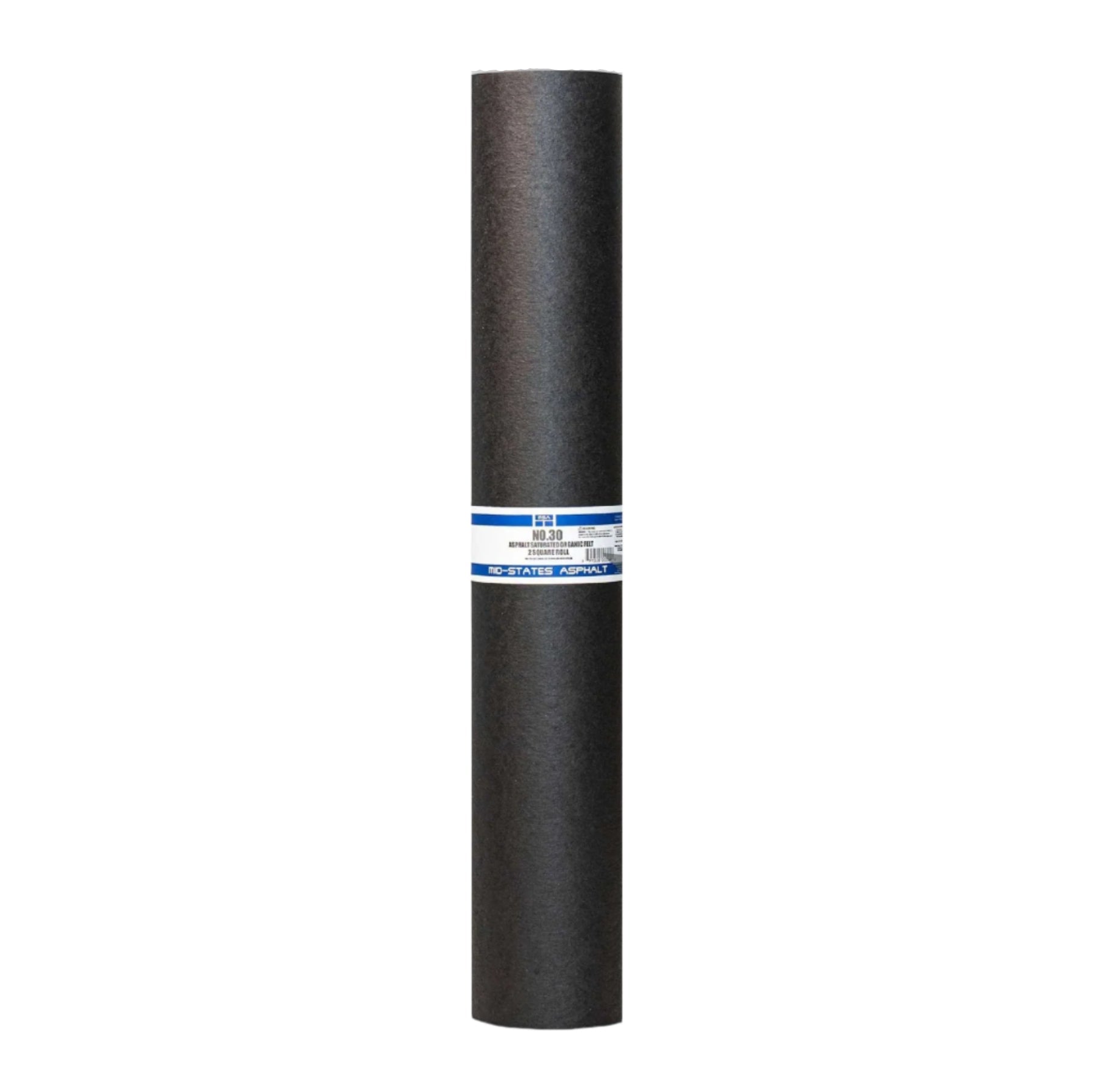 An upright roll of MSA 3 ft. x 72 ft. #30 Asphalt Saturated Organic Felt Roof Underlayment, with a blue and white band around the center, stands against a white background. Used for roof protection, it features a blue line marked 165.75.