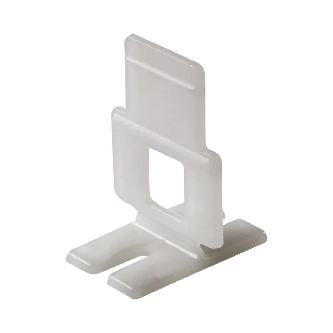 The QEP LASH White 1/16 in. Clip, Part A of a two-part tile leveling system, is ideal for floor and wall tile installation. It features a central rectangular slot and two flat prongs at the base, showcasing its innovative polymer design.