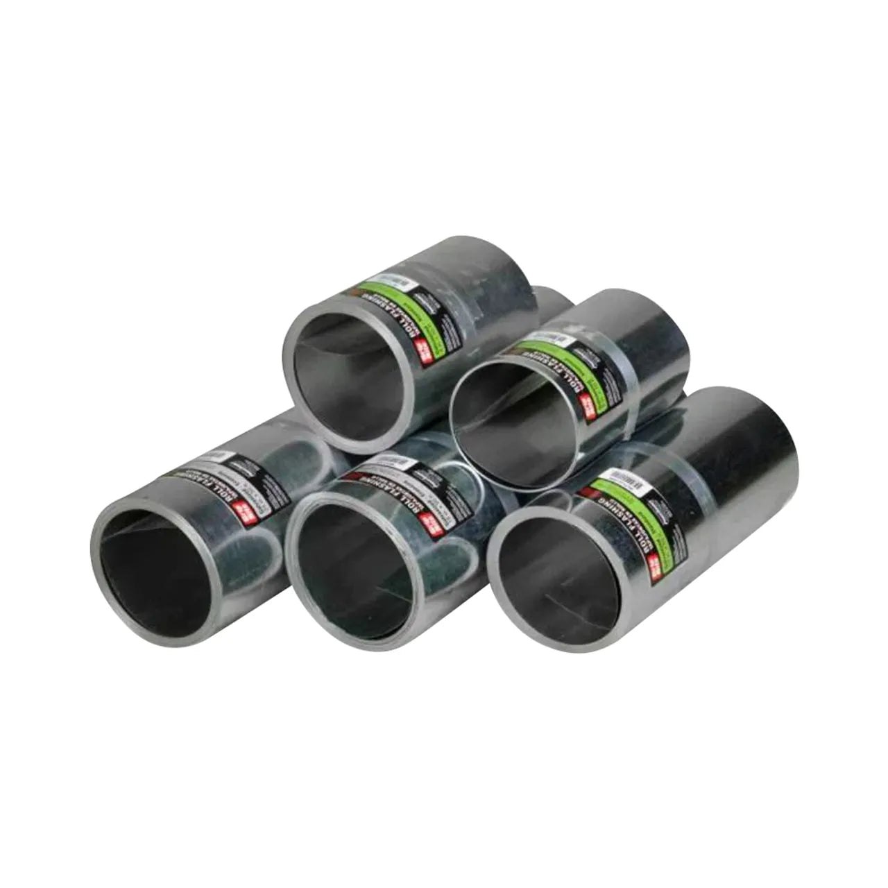 Five rolls of Go Builds 10 in. x 24 in. Lead Step Roll Flashing, stacked on a white background with green and black labels, are perfect for quick fixes or roof protection. These durable leads are indispensable in any toolbox.