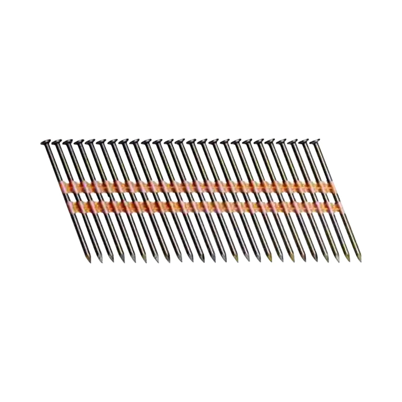 A diagonal row of Go Builds 3 in. x 0.131 in. Plastic 4M Vinyl-Coated Steel Smooth Shank Framing Nails (4000/Pack) is displayed, illustrating a set ideal for pneumatic nailers against a white backdrop.