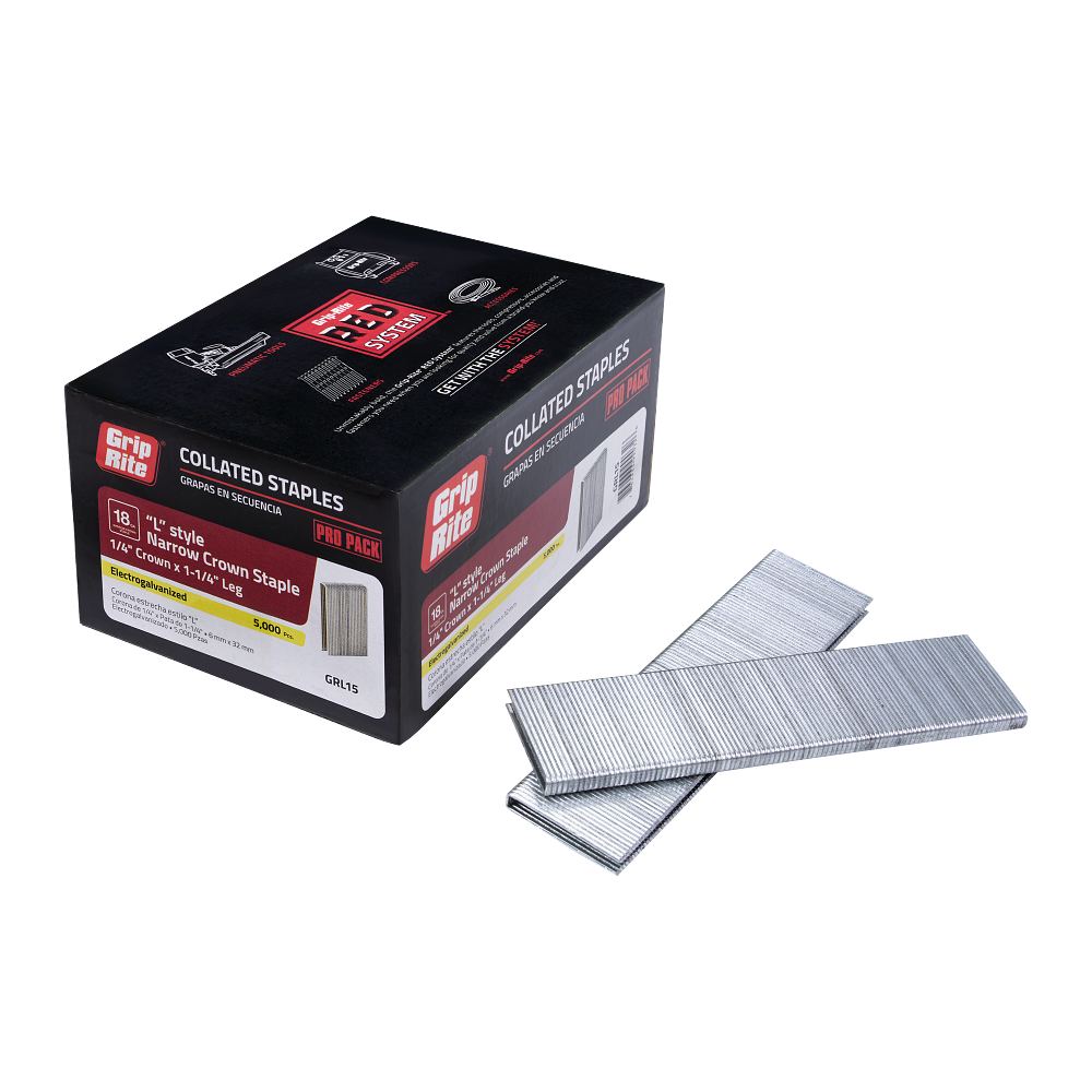 A box of Go Build 1-1/4 in. x 18-gauge GRL15 adhesive narrow crown staples, holding 5000 staples, is presented with two stacks of silver staples. Its predominantly black packaging, detailed in striking red and white text, makes it a standout choice for quality construction materials.