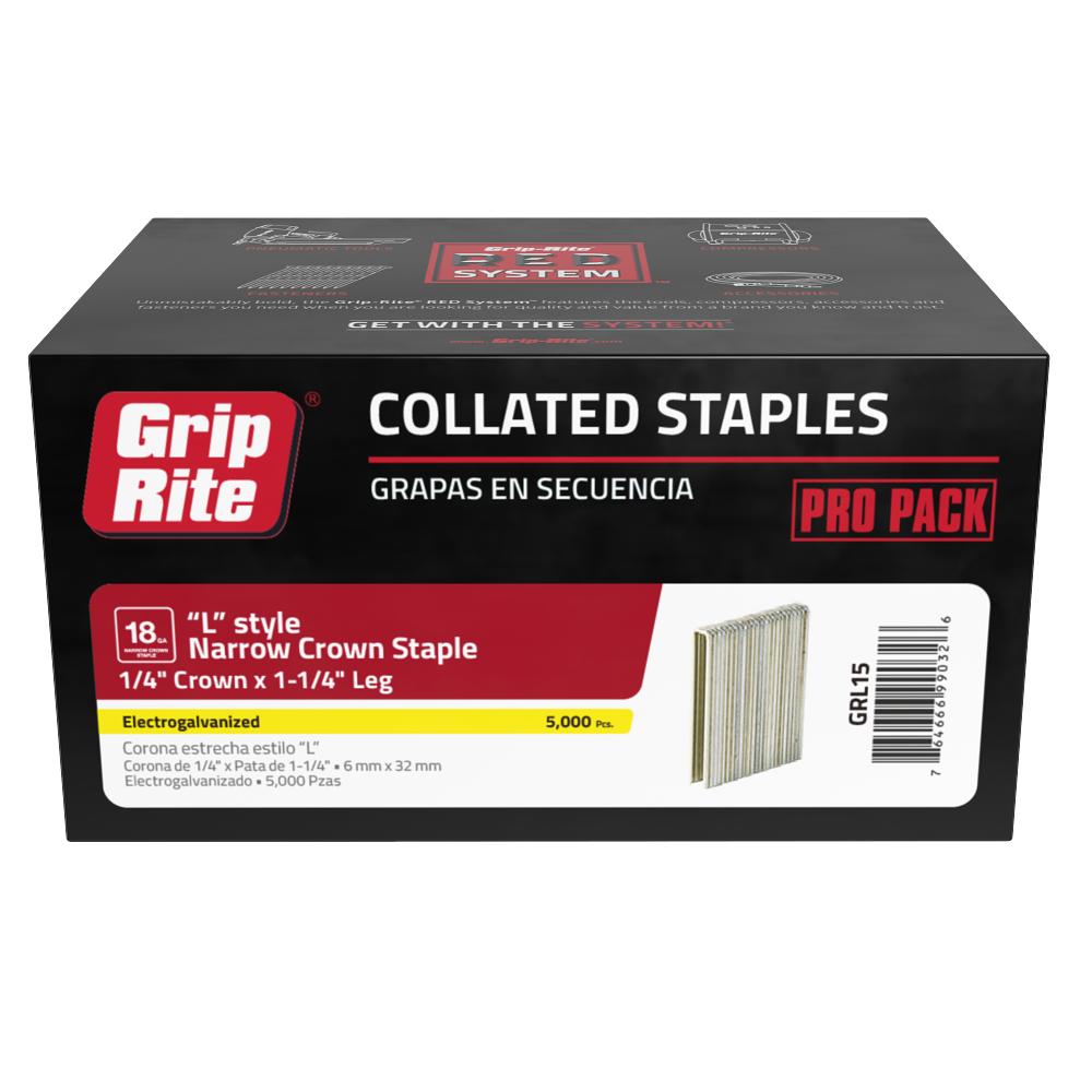 The Go Build 1-1/4 in. x 18-Gauge GRL15 Adhesive Narrow Crown Staples pack contains 5,000 electrogalvanized staples with a 1/4 crown and is ideal for construction materials.