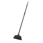 A 13 in. Extra Wide Angle Broom by Go Build is displayed against a plain white background, highlighting its exceptional performance for garden tasks with its black body and orange-tipped long handle.