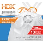 HDX FlexPro 13 Gal. Reinforced Top Drawstring Kitchen Trash Bags packaging highlights a tear-resistant seal, 10% PCR material, and holds 150 bags per package with a 2x stronger grip. Features white bags with orange accents from the HDX brand.