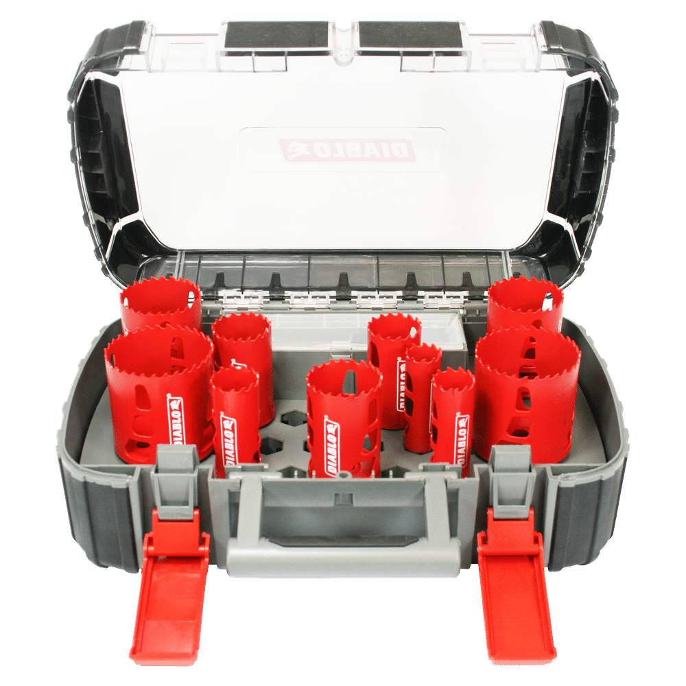 The DIABLO DHS14SGP set, by Diablo, features red bi-metal hole saws in various sizes neatly displayed in an open gray and clear plastic carrying case with a Snap-Lock Plus mandrel, two red latches, and a white logo inside the lid.