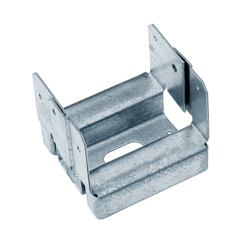 The Galvanized Adjustable Standoff Post Base for 4x4 Nominal Lumber by Go Build, The Fastest Way To Build, features flanges and perforations for structural support. It has Z-MAX galvanization for superior corrosion resistance, with an open design and right-angle bends to suit diverse construction needs.