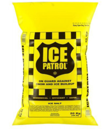 A yellow bag from Ice Patrol features black text and a shield emblem, with the slogan "On Guard Against Snow and Ice Buildup." It contains 50 lbs. of rock salt for effective ice melt.