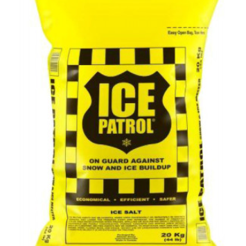 A yellow bag from Ice Patrol features black text and a shield emblem, with the slogan "On Guard Against Snow and Ice Buildup." It contains 50 lbs. of rock salt for effective ice melt.