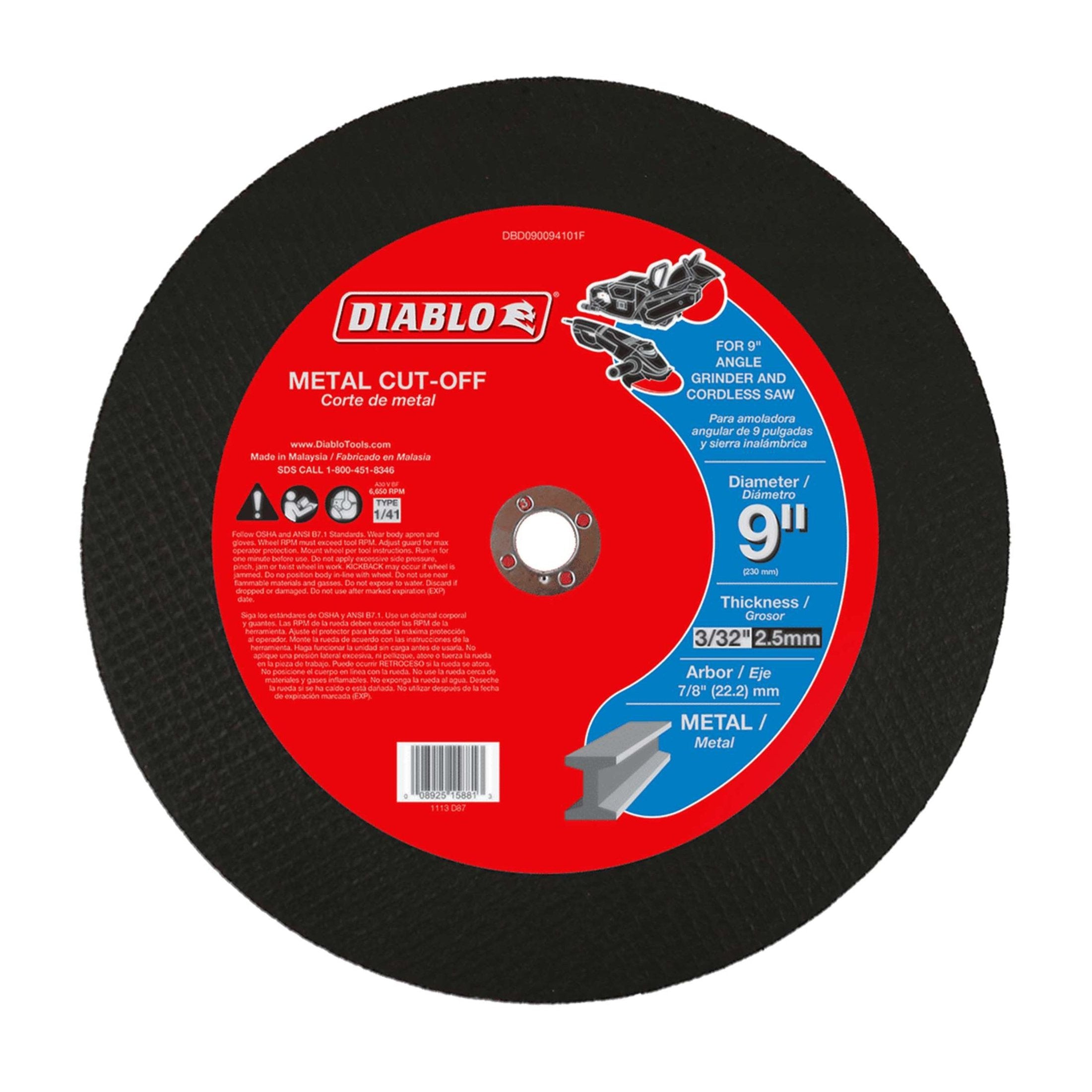 The DIABLO DBD090094101F 9 in. x 3/32 in. x 7/8 in. Metal Cut-Off Disc is designed for 9-inch angle grinders, featuring a black design with a red specification label and made from an aluminum oxide blend for premium metal cutting performance.