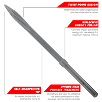 The Diablo DIABLO DMAPLCH2030 10 in. SDS-Plus Twist Point Chisel is depicted with labels showing its features: an SDS-Max twist point design, reflective energy collar, self-sharpening tip, and unique heat process treatment. The background color is light green.