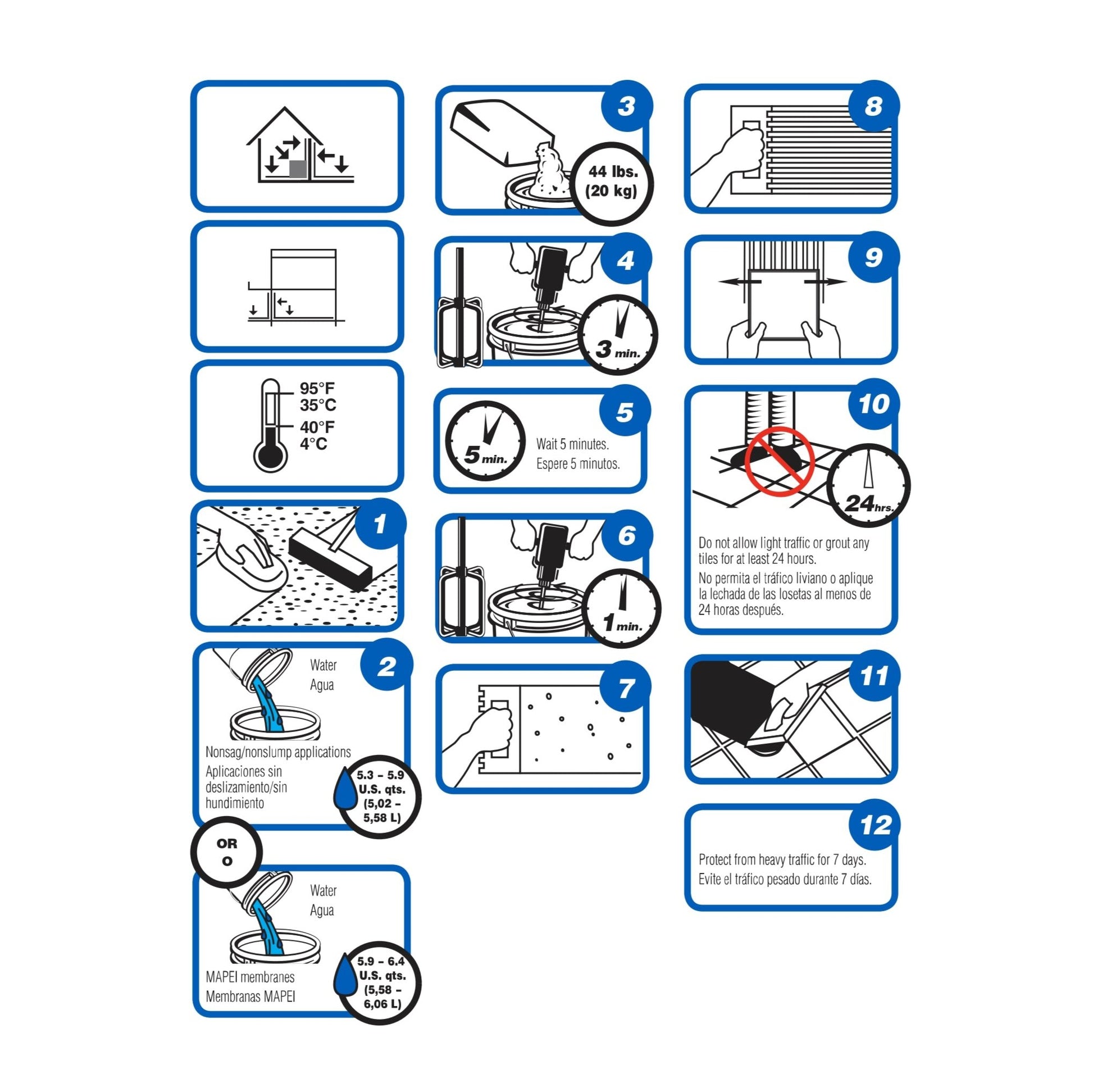 This is a depiction of an instruction manual for assembling a device, detailing steps numbered 1-12, complete with safety tips and diagrams illustrating connected parts and the necessary tools. The manual also includes temperature guidelines, precise measurements, and features warning notes on using the Mapei Keraflex SG Large-and-Heavy-Tile Mortar with Polymer for enhanced safety in construction tasks.