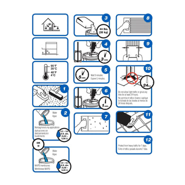 This is a depiction of an instruction manual for assembling a device, detailing steps numbered 1-12, complete with safety tips and diagrams illustrating connected parts and the necessary tools. The manual also includes temperature guidelines, precise measurements, and features warning notes on using the Mapei Keraflex SG Large-and-Heavy-Tile Mortar with Polymer for enhanced safety in construction tasks.