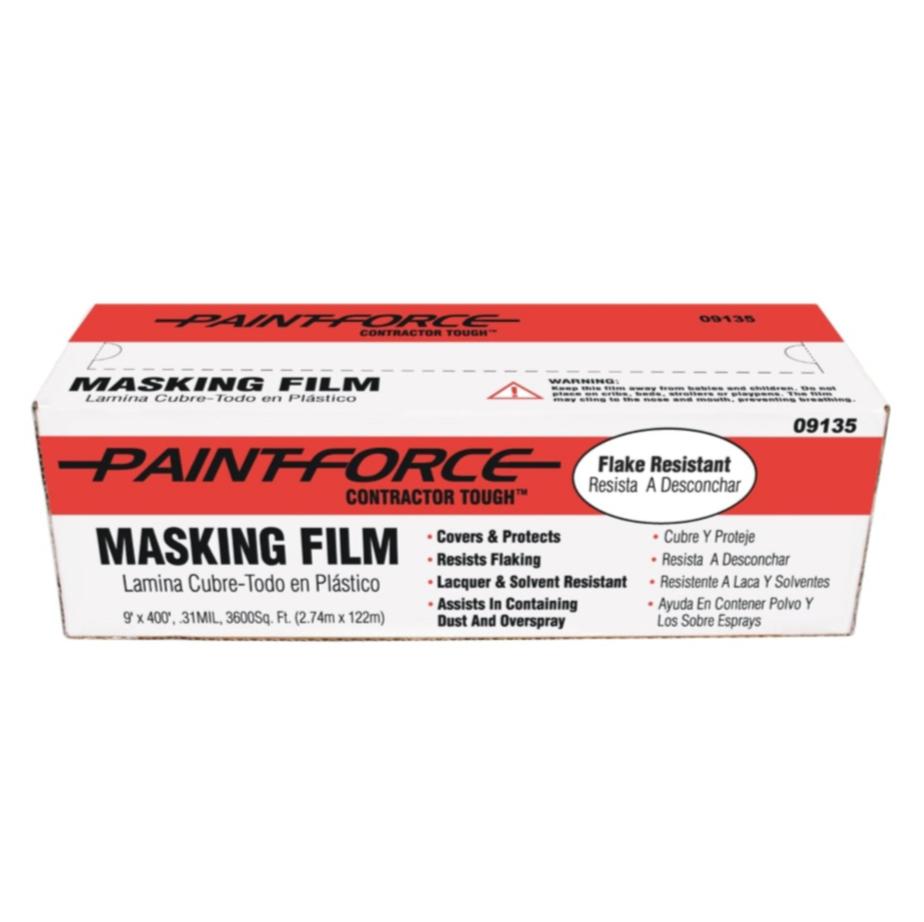 The PAINT-FORCE 09135 masking film, measuring 9 ft. x 400 ft. with a 0.31 mil thickness, is on display, highlighting its flake resistance and versatility for various protective uses in paint applications.