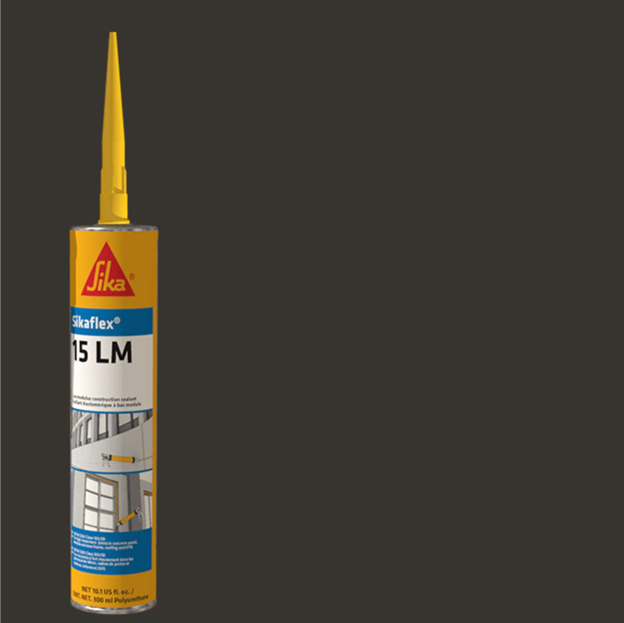 A 10.1 oz yellow tube of SIKA Sikaflex 15LM Elastomeric Sealant with a nozzle, displayed on a dark grey background. The label features Sika’s blue and white branding, highlighting construction applications through illustrations.