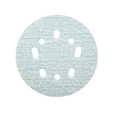 The NORTON 68326 ProSand 5 in. 120 Grit UVH Pattern Hook & Sand Sanding Discs (50-Pack) features a textured, light gray surface and has eight evenly spaced holes for dust extraction: five rectangular and three round, designed for use with a power sander.