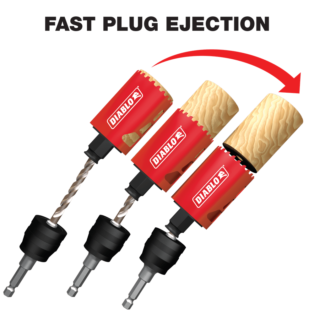 The sequence features three red and black drill bits from the DIABLO DHS14SGP 14-Piece General Purpose Bi-Metal Hole Saw Set by Diablo, demonstrating Fast Plug Ejection with an arrow showing motion from the bit to the ejected wooden plug.