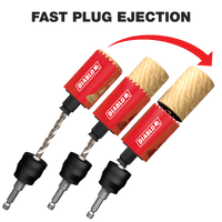 The sequence features three red and black drill bits from the DIABLO DHS14SGP 14-Piece General Purpose Bi-Metal Hole Saw Set by Diablo, demonstrating Fast Plug Ejection with an arrow showing motion from the bit to the ejected wooden plug.